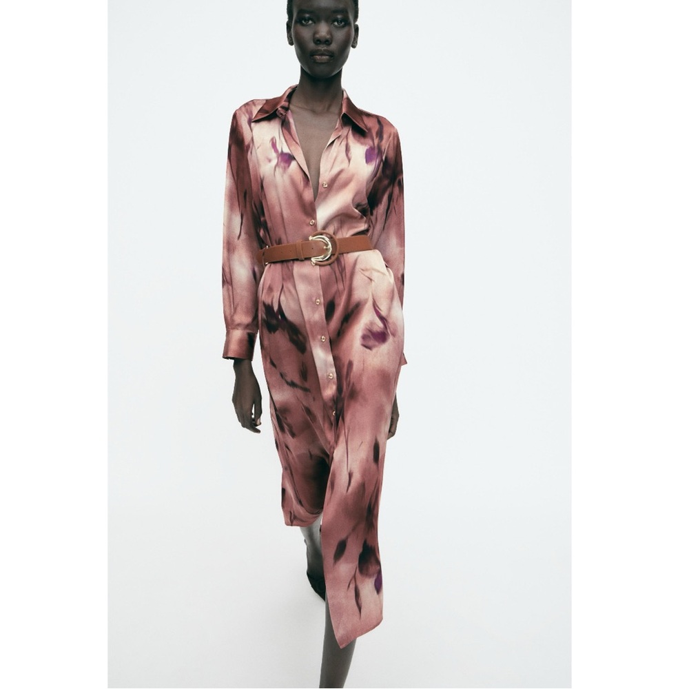 Zara printed satin midi shirt dress with belt, M NWT